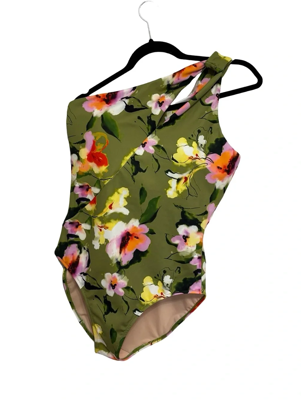 Garnet Hill Riviera Asymmetrical One-Piece Swimsuit Olive Island Floral -Size 10